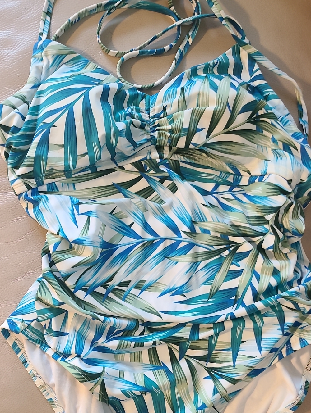 Time and Tru Blue & Green Tropical Leaf One-Piece Swimsuit - Picture 2 of 6